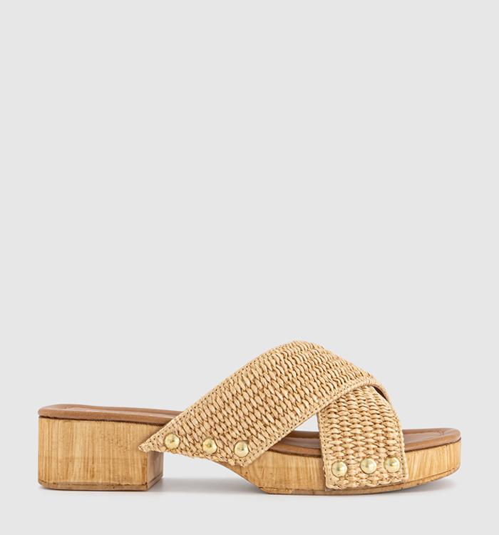 OFFICE Sofia Cross Over Wood Effect Mules Raffia