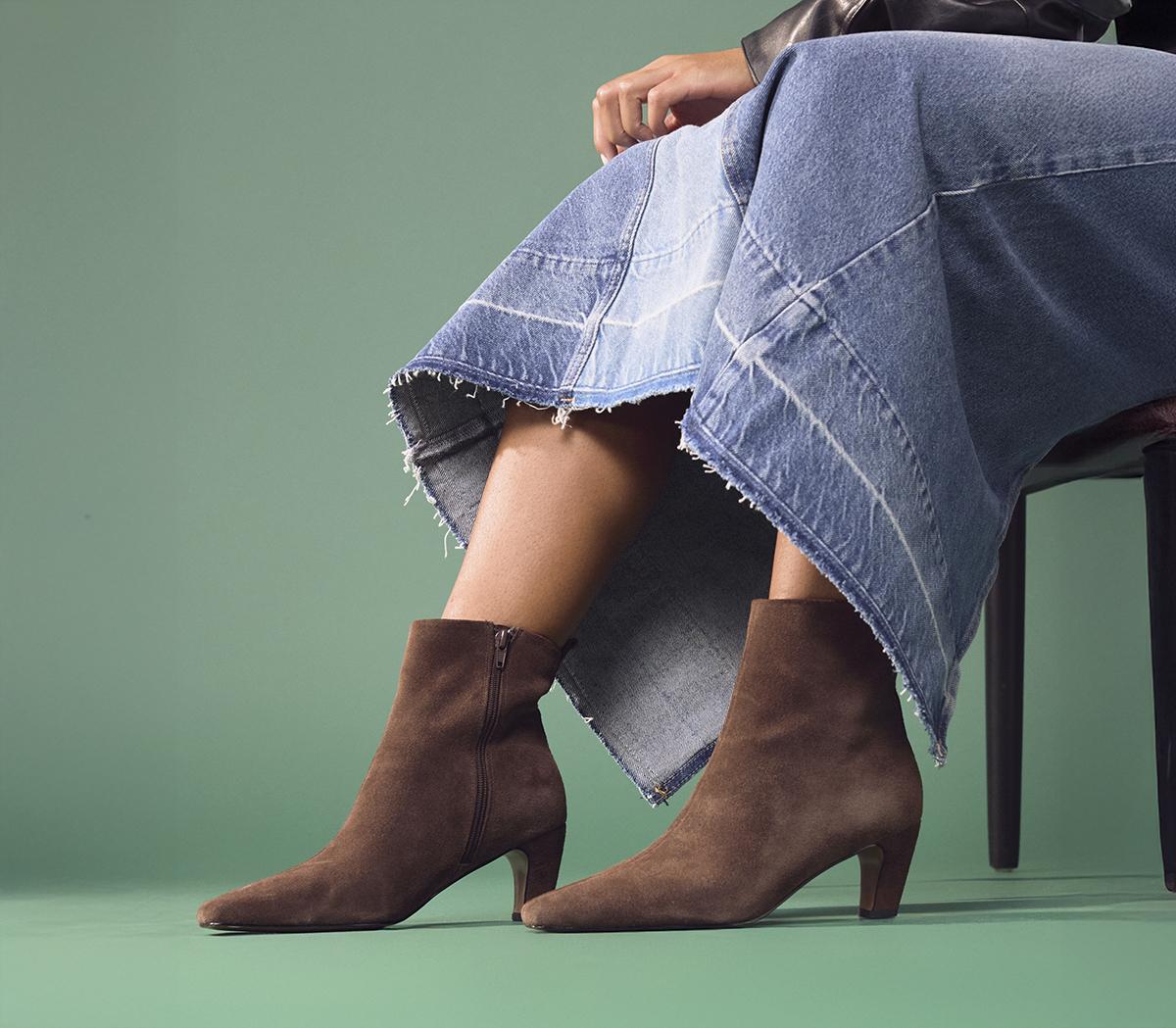 OFFICEAddison Curve Heel Ankle BootsBrown Suede