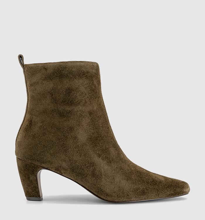 OFFICE Addison Curve Heeled Ankle Boots Olive Suede