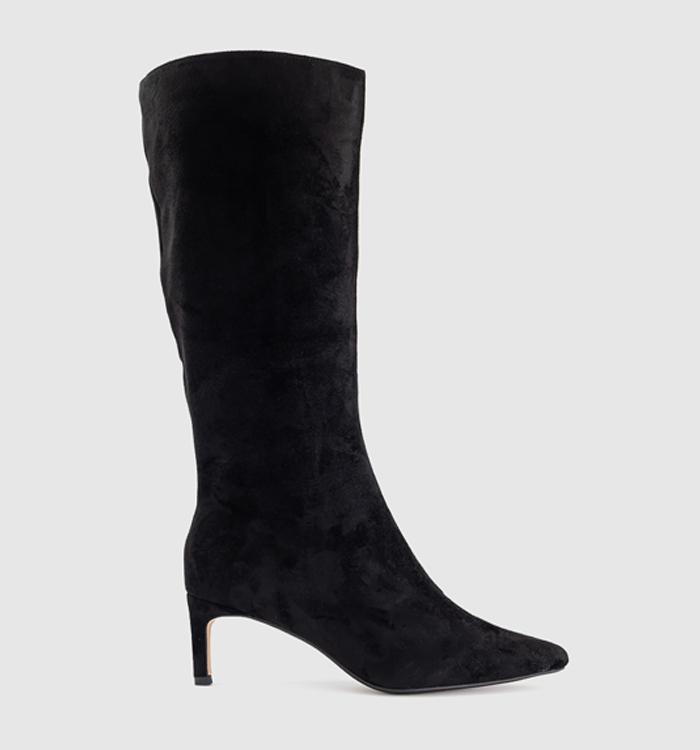 OFFICE Karina Kitten Heel Knee High Boots Black Faux Suede