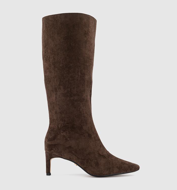 OFFICE Karina Kitten Heel Knee High Boots Brown Faux Suede