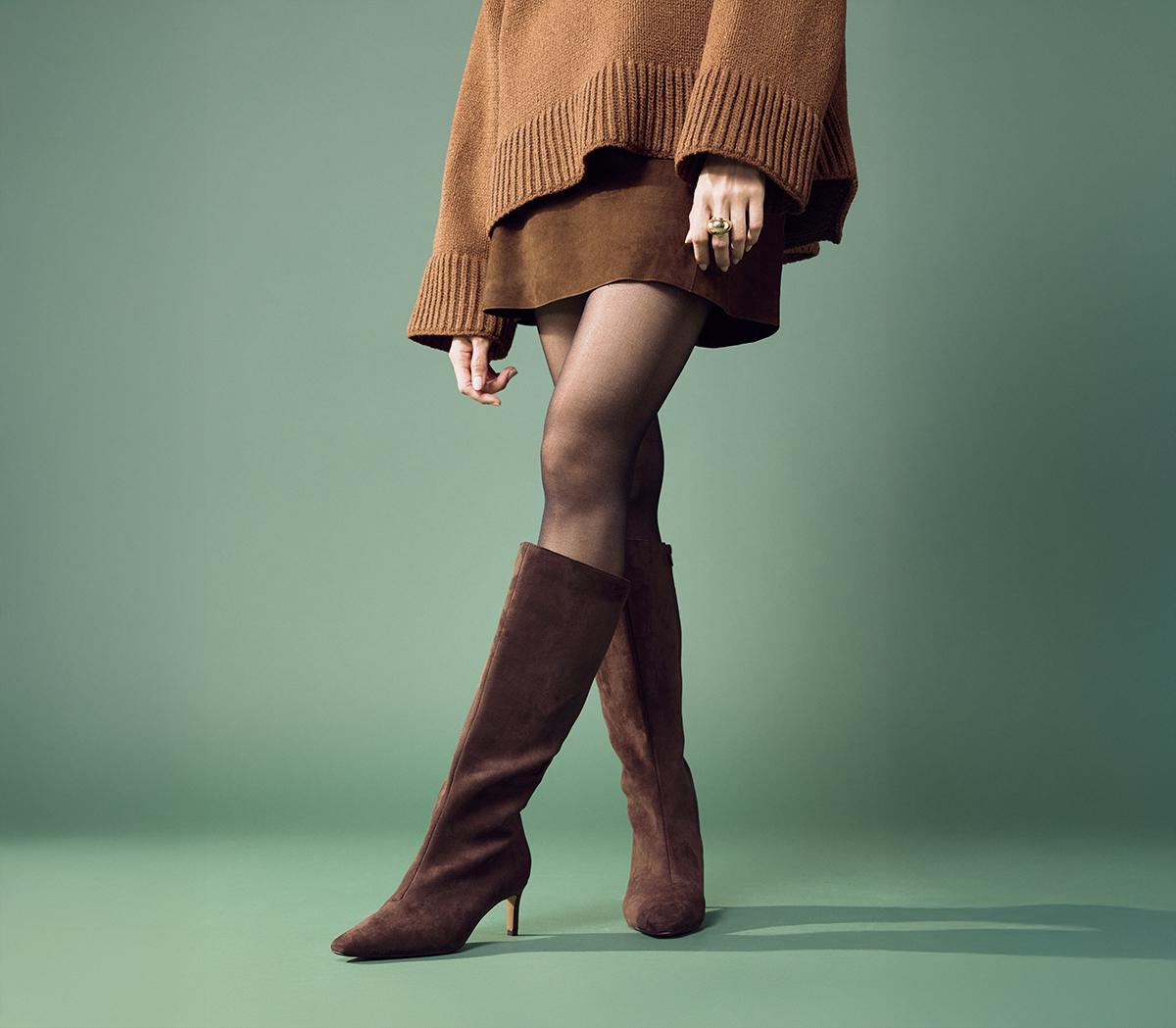 OFFICEKarina Kitten Heel Knee High BootsBrown Faux Suede