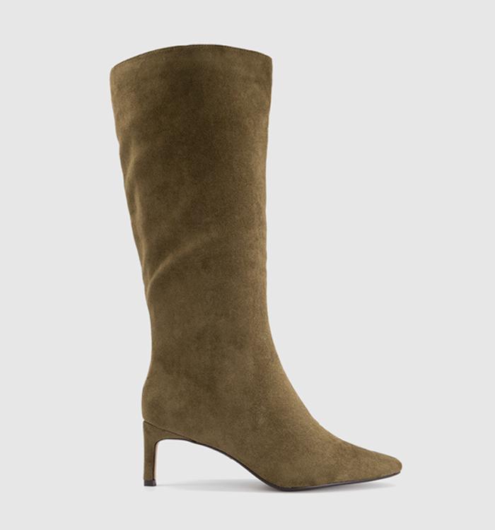 OFFICE Karina Kitten Heel Knee High Boots Olive Faux Suede