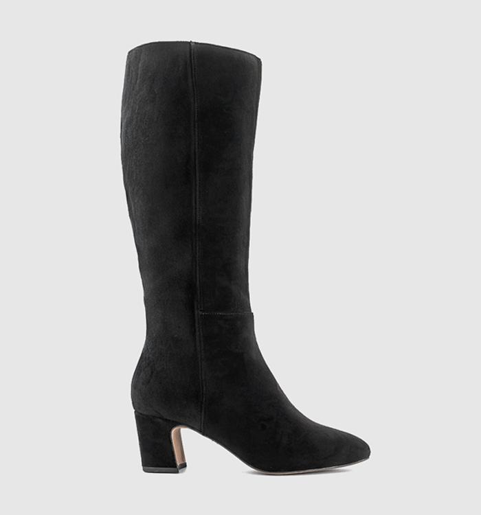 OFFICE Karlie Block Heel Knee High Boots Black Faux Suede