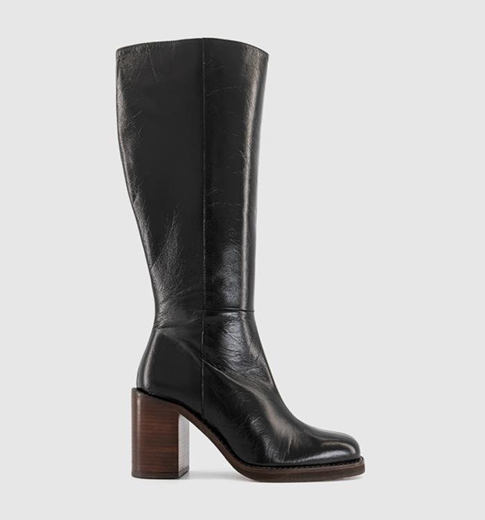 OFFICE Kora Heeled Platform Knee High Boots Black Leather