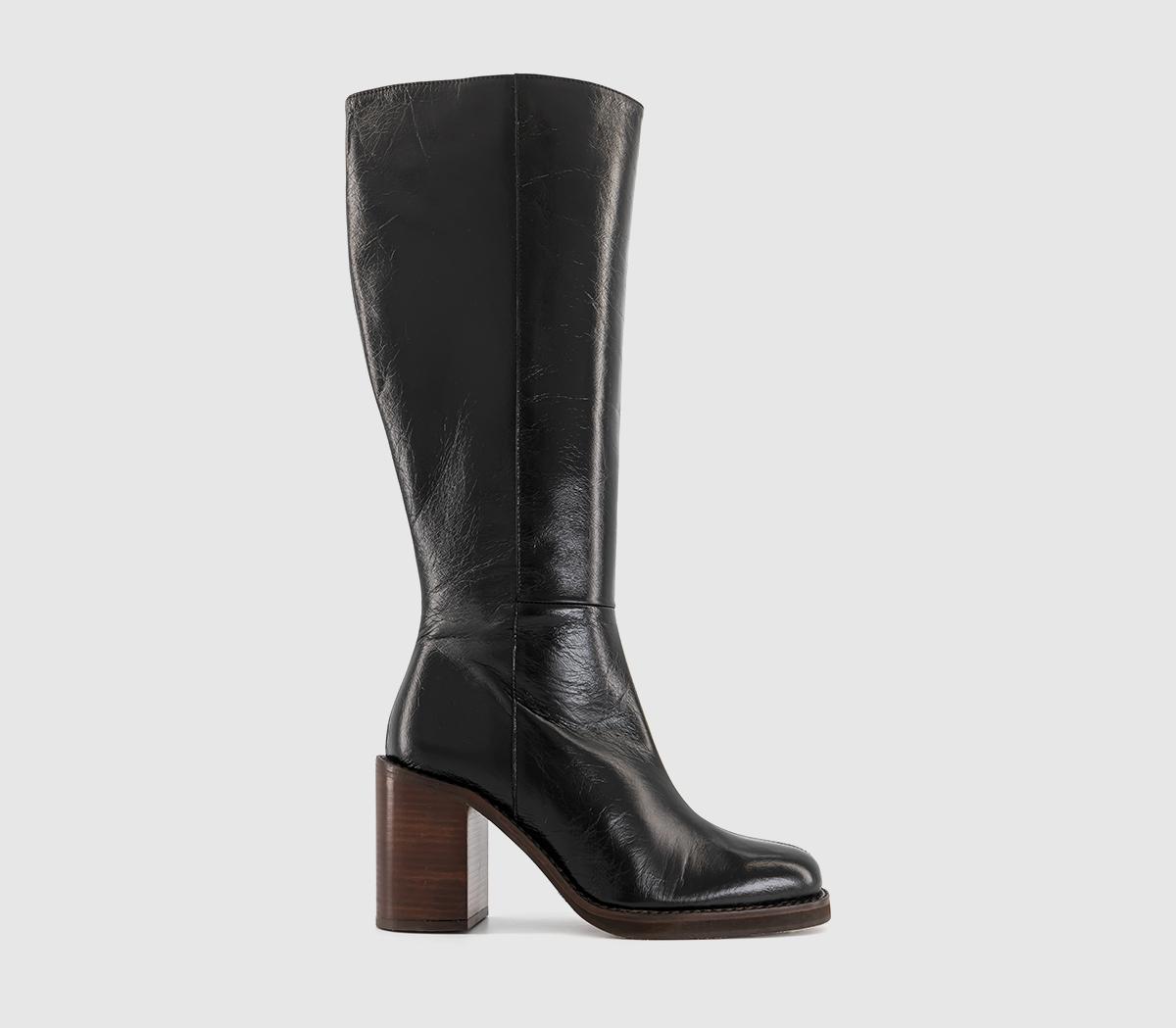 OFFICE Womens Kora Heeled Platform Knee High Boots Black Leather, 3