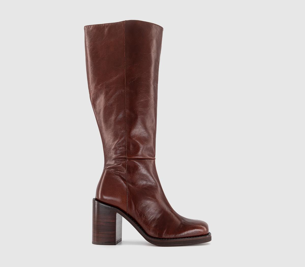 OFFICE Womens Kora Heeled Platform Knee High Boots Tan Leather, 4