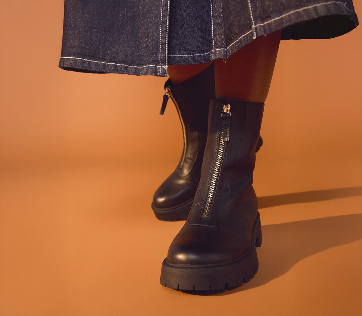 OFFICE Atticus Front Zip Chunky Boots Black Leather - Women's Ankle Boots