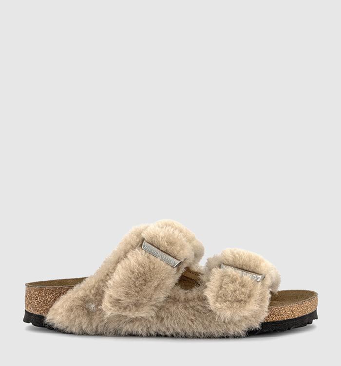 BIRKENSTOCK Arizona Shearling Strap Slippers Sandcastle