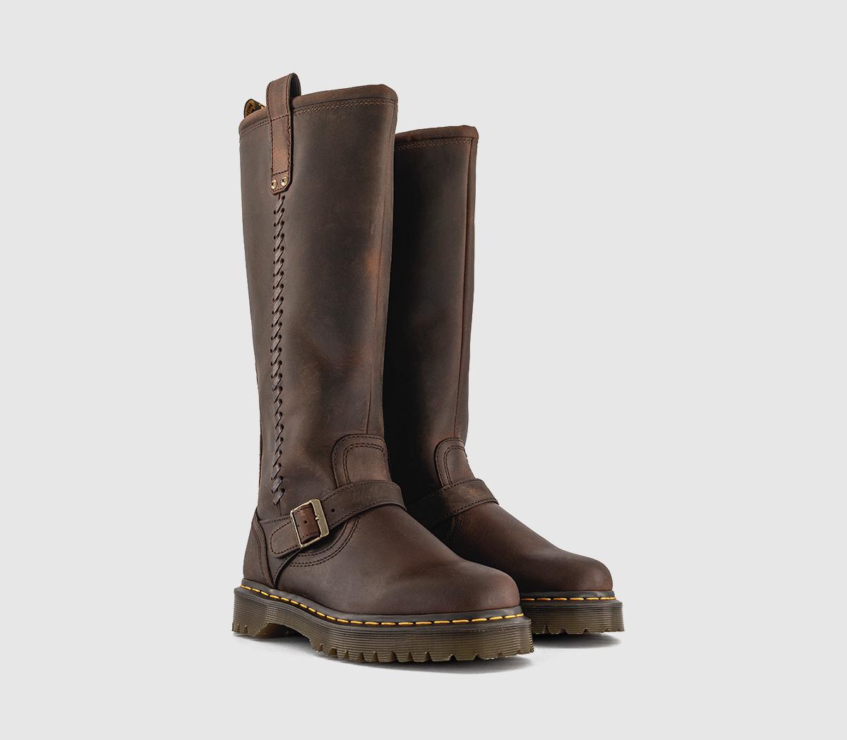 Dr. Martens Anistone Biker Hi Leg Boots Dark Brown Crazy Horse