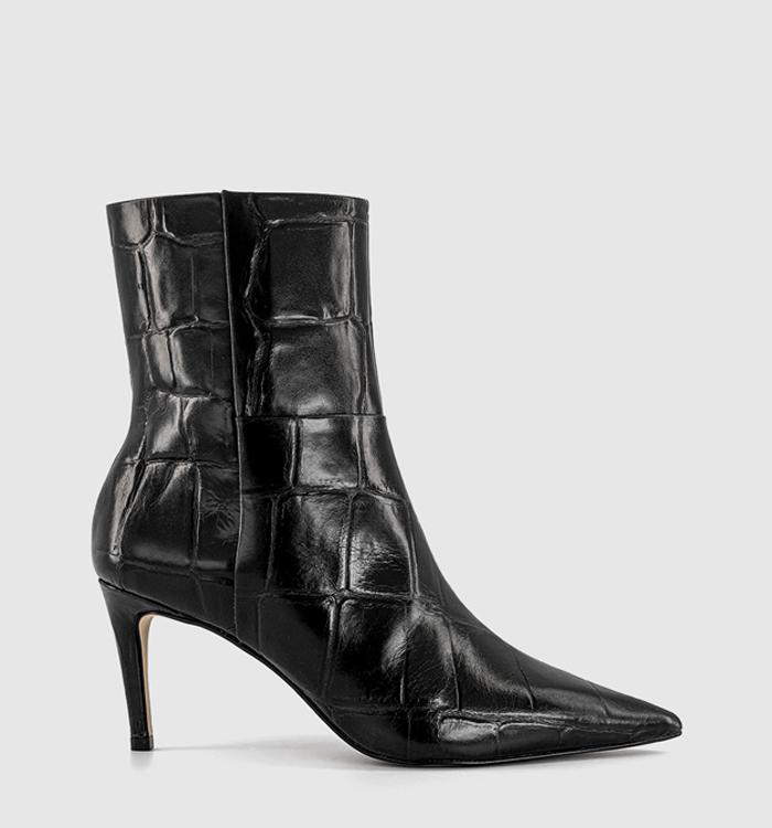 OFFICE After Party Stiletto Ankle Boots Black Croc Leather