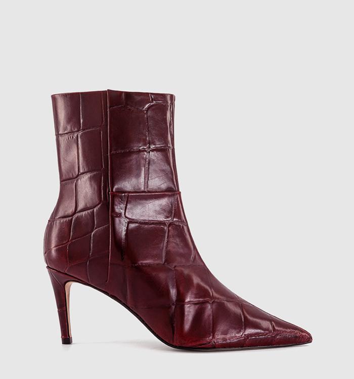 OFFICE After Party Stiletto Ankle Boots Burgundy Croc Leather