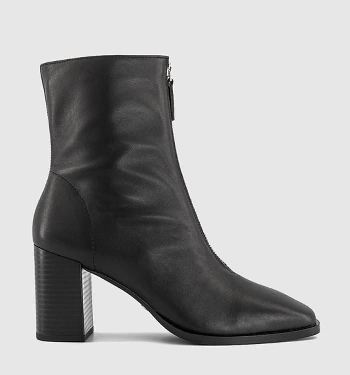 OFFICE Aiden Front Zip Block Heel Boots Black Leather
