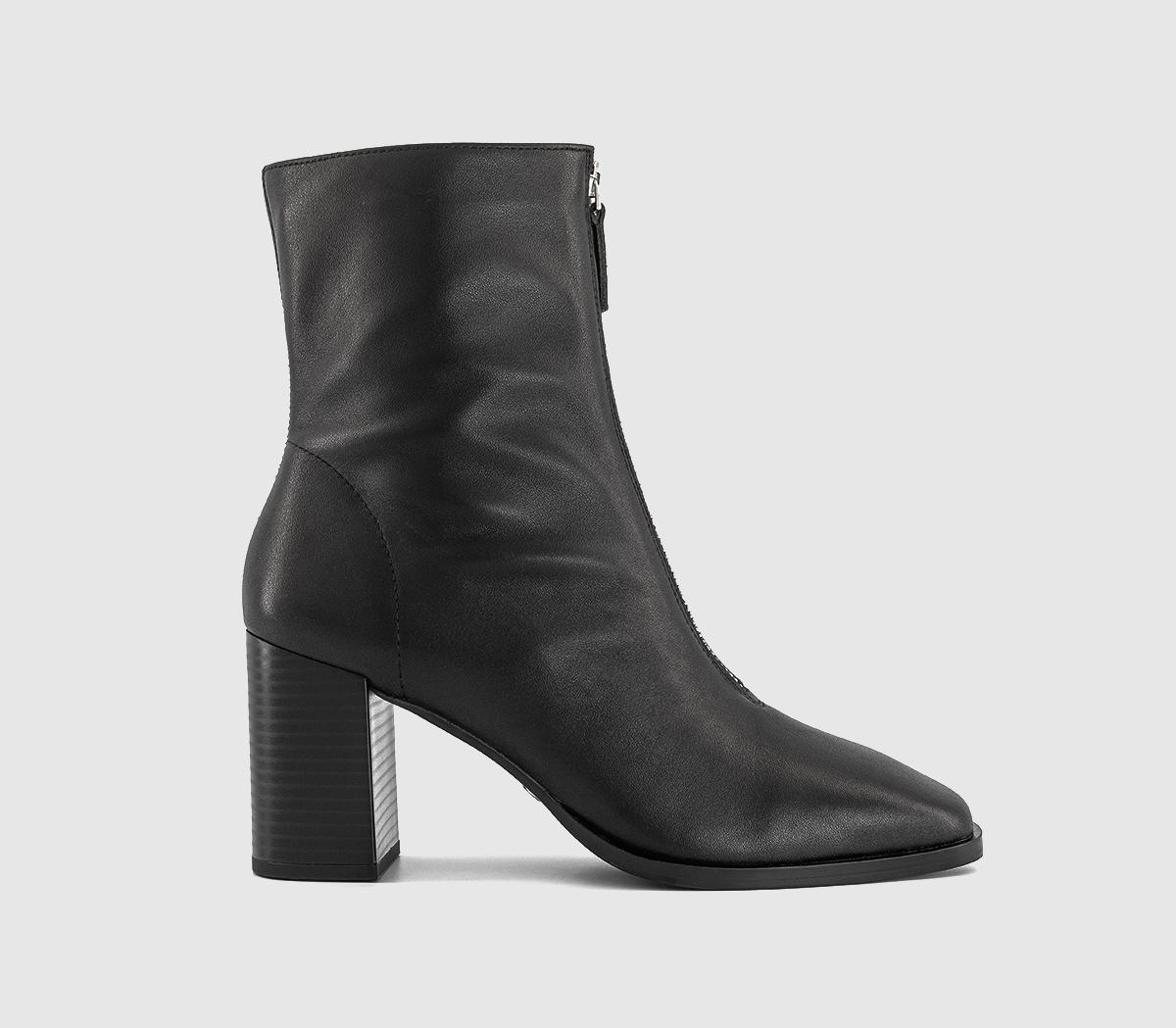 OFFICE Aiden Front Zip Block Heel Boots Black Leather - Women's