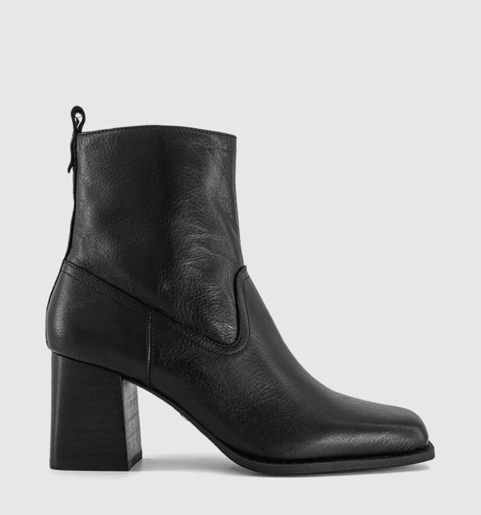 OFFICE Arcadia Square Toe Block Heel Ankle Boots Black Leather