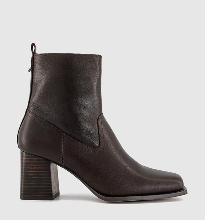 OFFICE Arcadia Square Toe Block Heel Ankle Boots Brown Leather