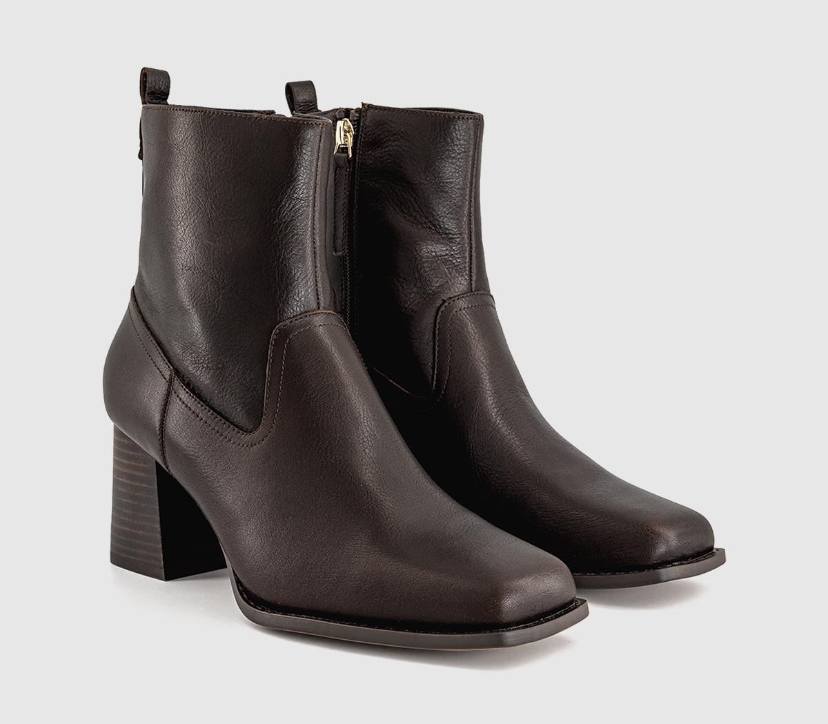 OFFICEArcadia Square Toe Block Heel Ankle BootsBrown Leather