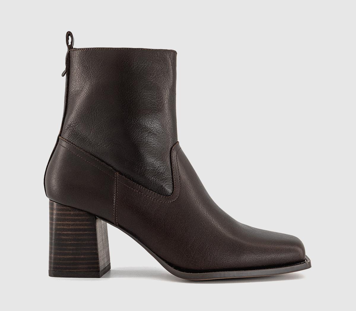 OFFICEArcadia Square Toe Block Heel Ankle BootsBrown Leather