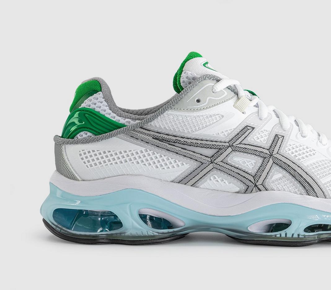 HIDDEN.NY x ASICS GEL-Kinetic 2.0 White Green detail showing mesh, silver overlays and HIDDEN branding