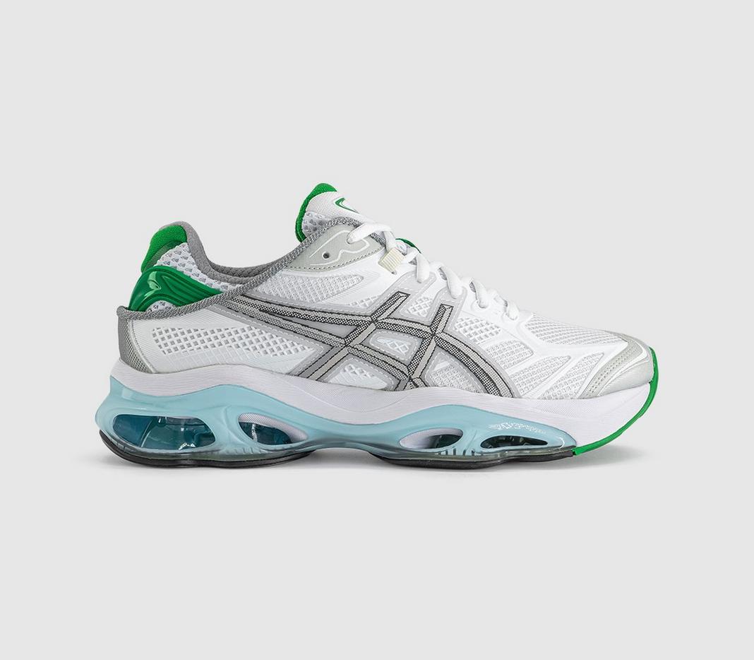 HIDDEN.NY x ASICS GEL-Kinetic 2.0 White Green side profile showing silver overlays and green GEL cushioning