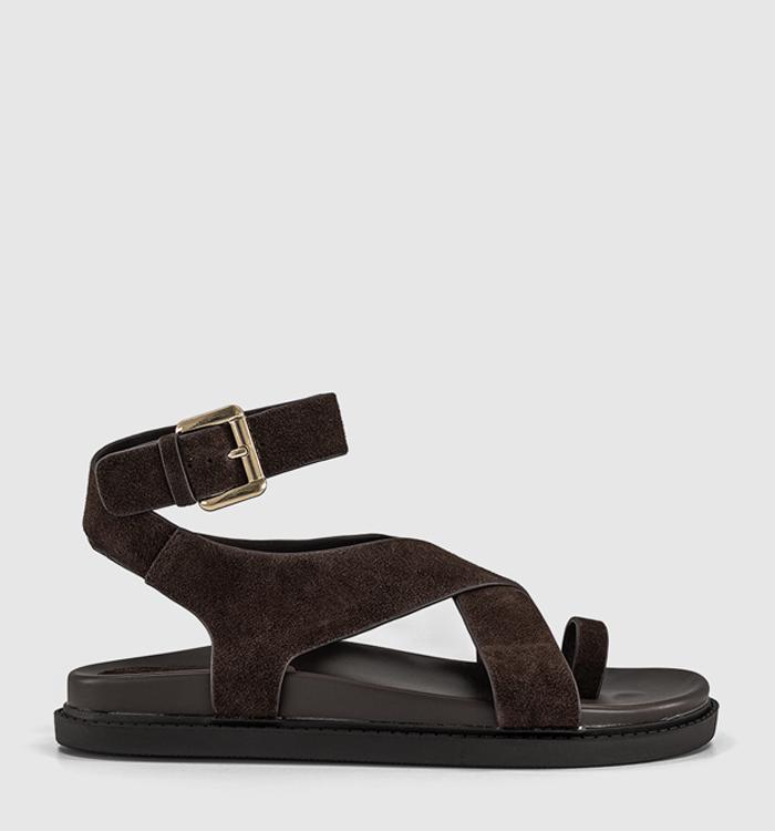 OFFICE Simone Toe Loop Ankle Strap Footbed Sandals Brown Suede