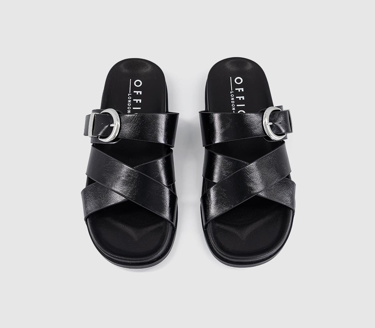 OFFICEStella Cross Strap Buckle Detail Footbed SlidersBlack