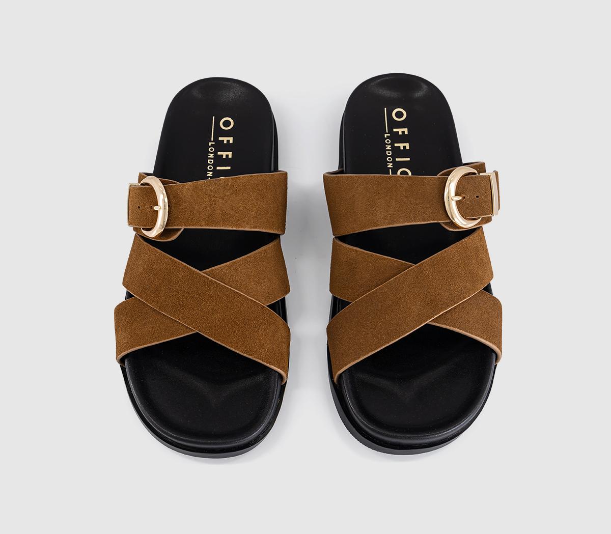 OFFICEStella Cross Strap Buckle Detail Footbed SlidersTan Suede