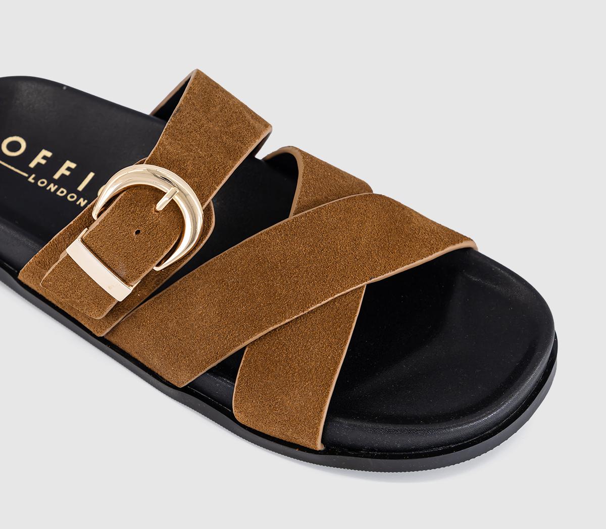 OFFICEStella Cross Strap Buckle Detail Footbed SlidersTan Suede