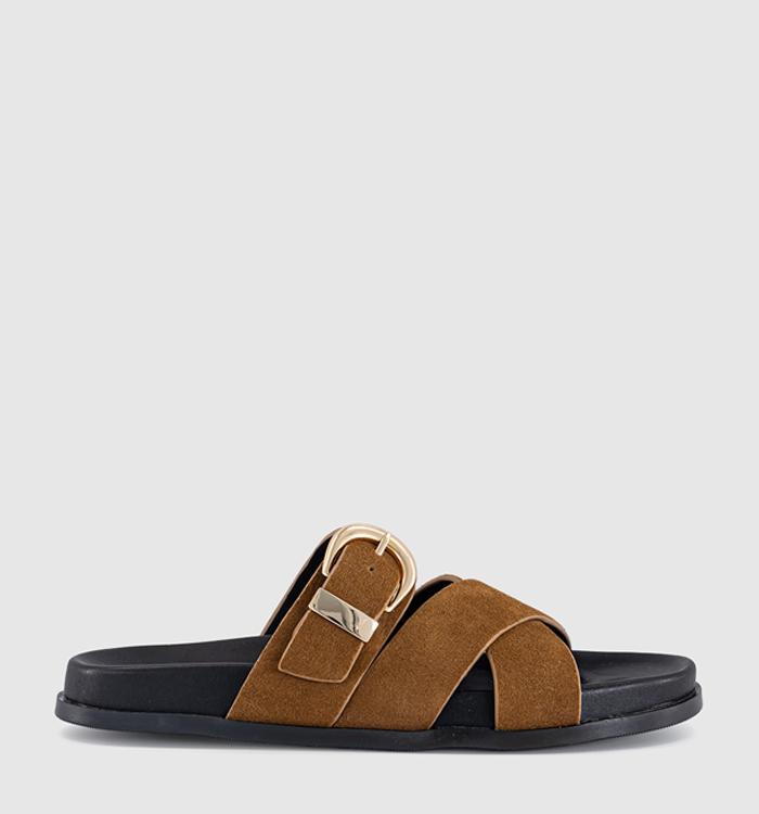 OFFICE Stella Cross Strap Buckle Detail Footbed Sliders Tan Suede