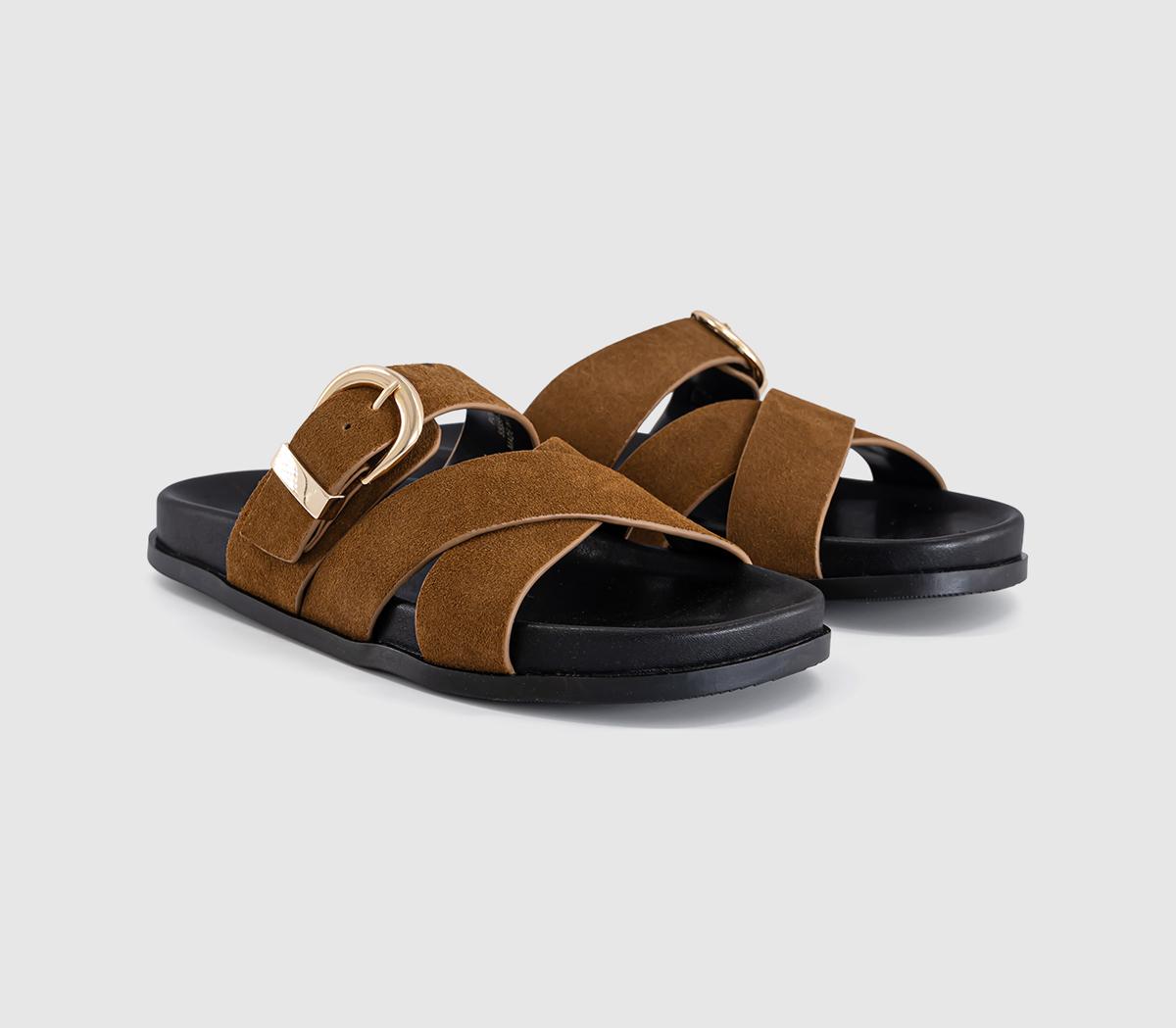 OFFICEStella Cross Strap Buckle Detail Footbed SlidersTan Suede