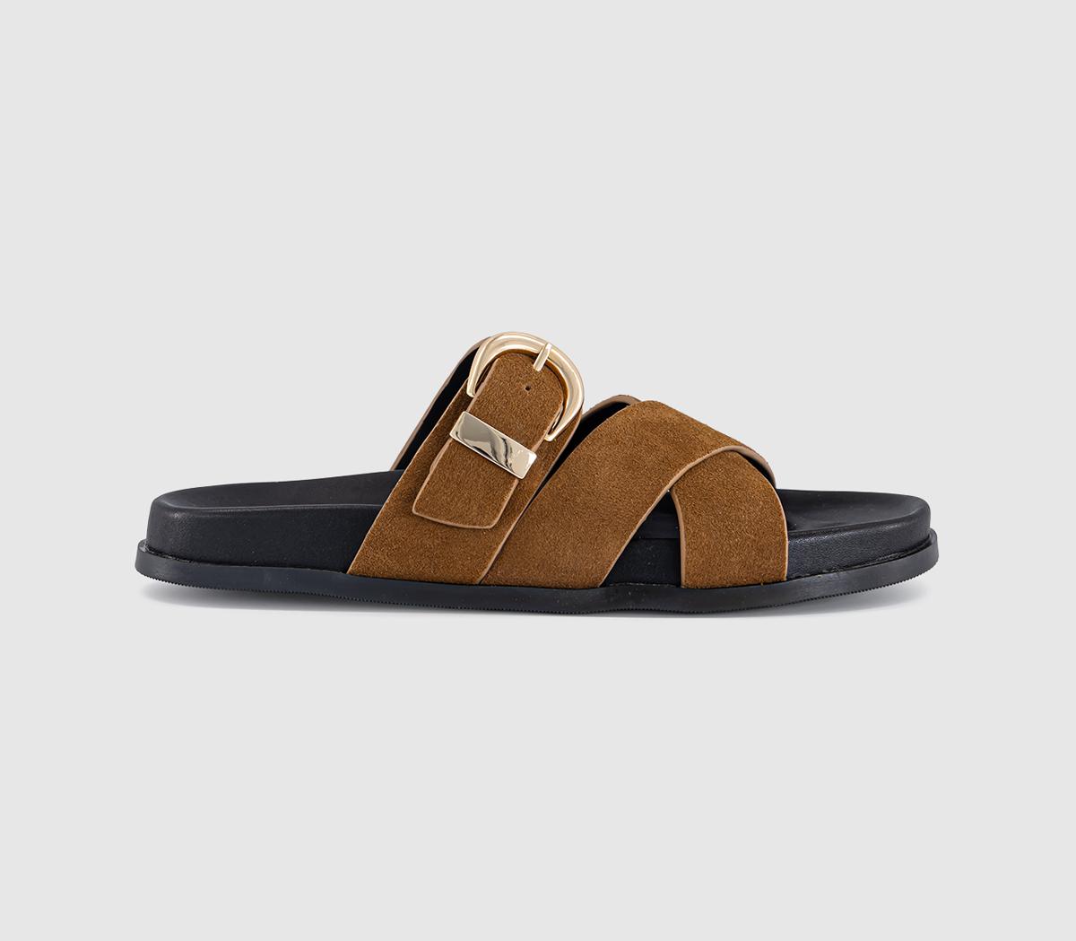 OFFICEStella Cross Strap Buckle Detail Footbed SlidersTan Suede