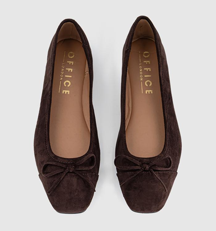 OFFICE Fan Girl Square Toe Bow Ballet Pumps Brown Faux Suede