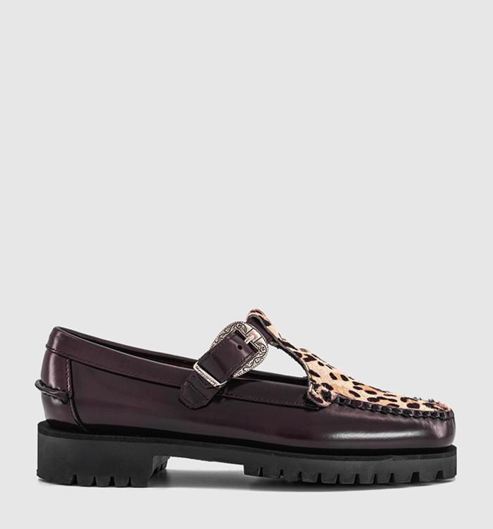 Sebago Aurora T Bar Shoes Burgundy Leopard