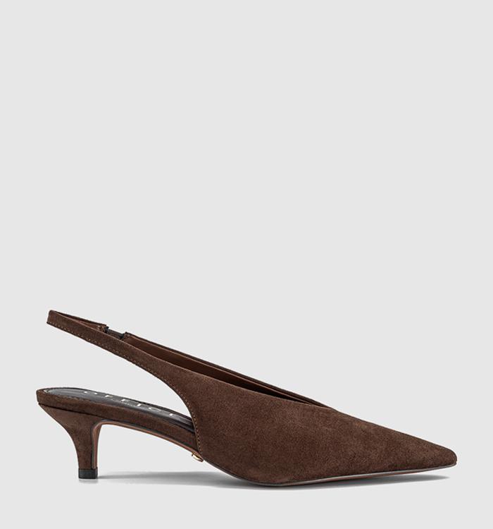 OFFICE Monique High Vamp Slingback Kitten Heels Court Brown Faux Suede