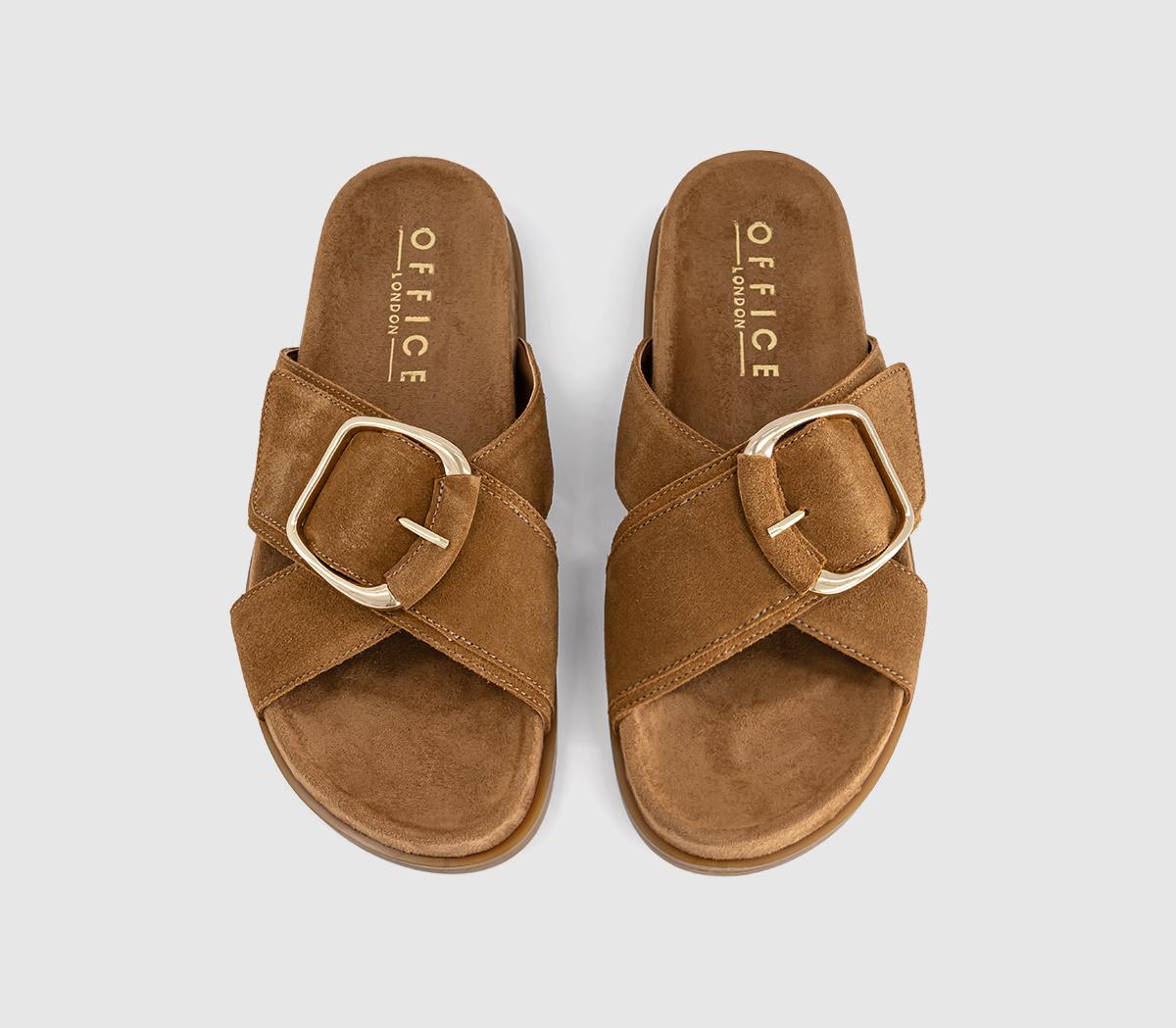 OFFICESia Cross Over Buckle Footbed SlidersTan Suede