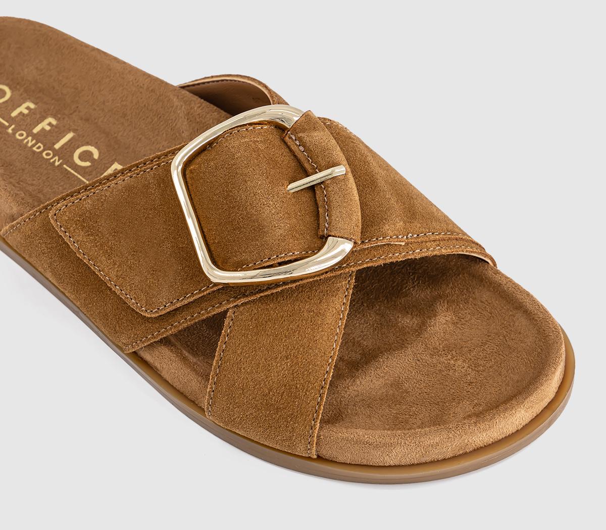 OFFICESia Cross Over Buckle Footbed SlidersTan Suede