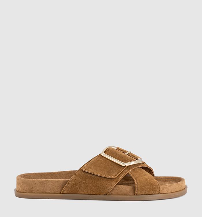 OFFICE Sia Cross Over Buckle Footbed Sliders Tan Suede