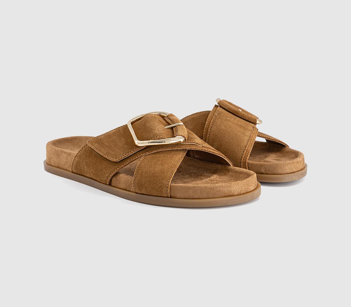 OFFICESia Cross Over Buckle Footbed SlidersTan Suede