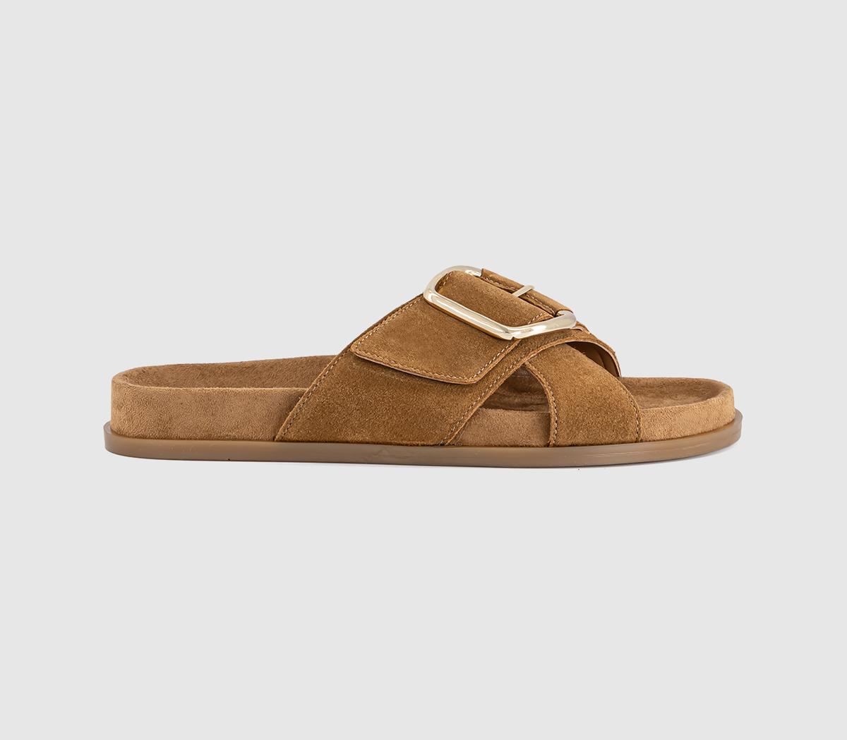 OFFICESia Cross Over Buckle Footbed SlidersTan Suede