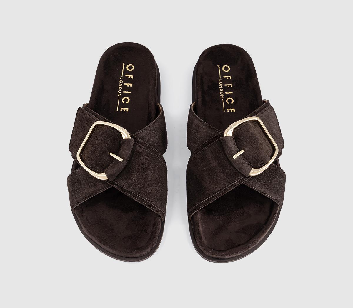 OFFICESia Cross Over Buckle Footbed SlidersBrown Suede