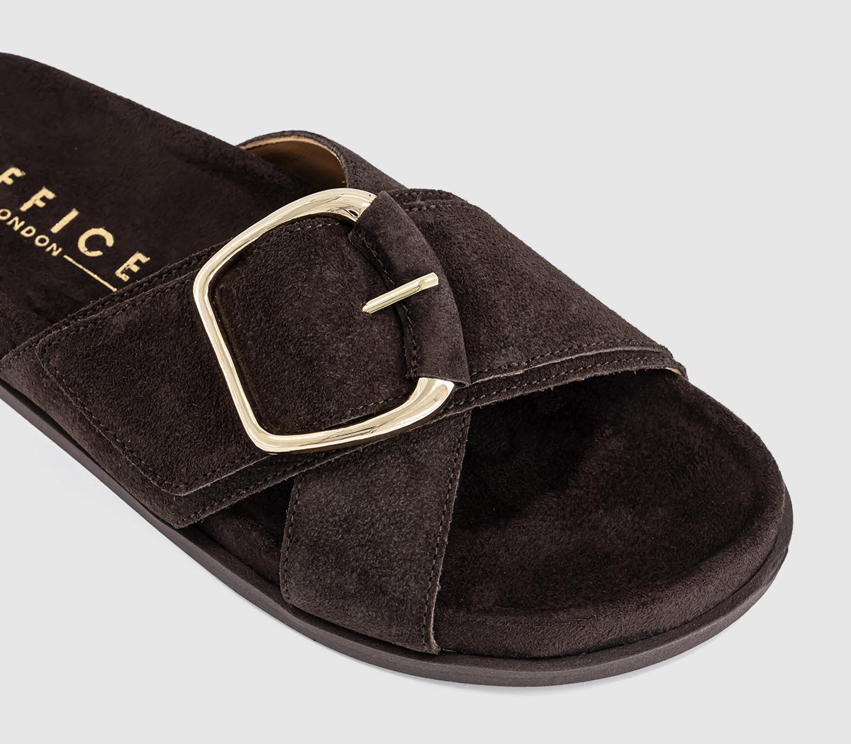 OFFICESia Cross Over Buckle Footbed SlidersBrown Suede