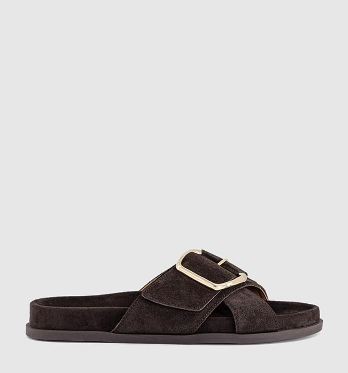OFFICE Sia Cross Over Buckle Footbed Sliders Brown Suede