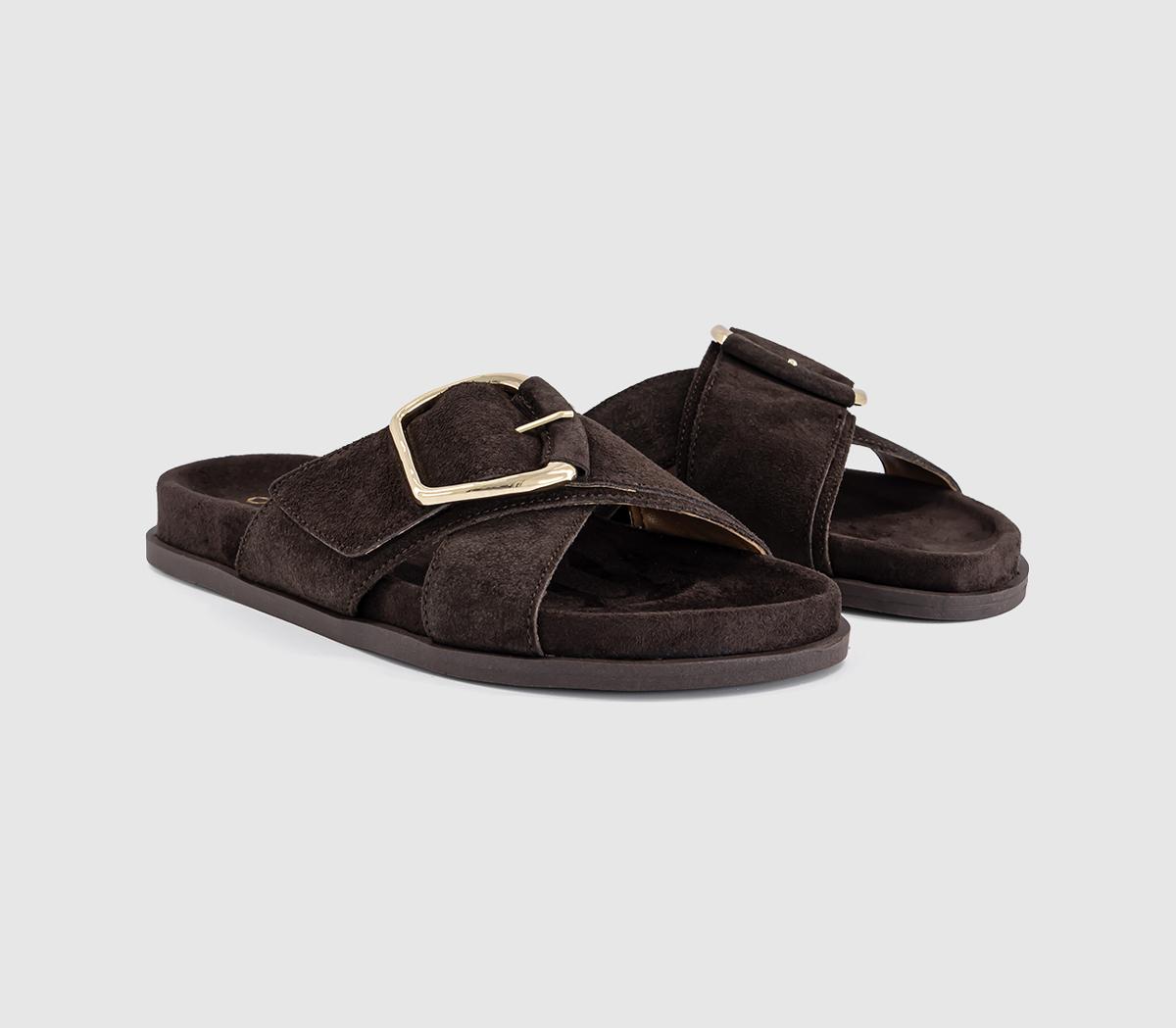 OFFICESia Cross Over Buckle Footbed SlidersBrown Suede