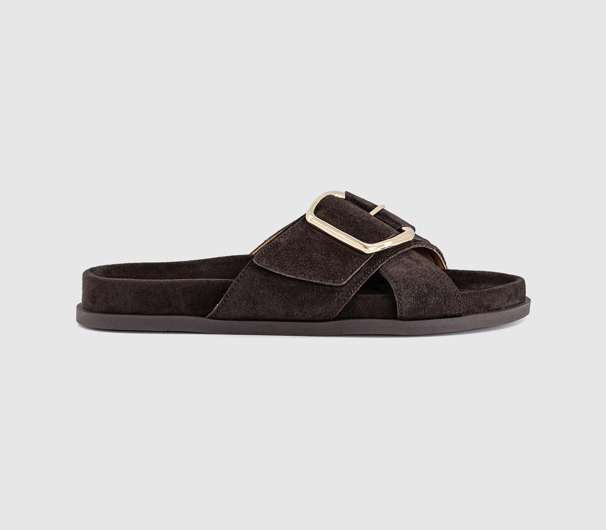 OFFICESia Cross Over Buckle Footbed SlidersBrown Suede