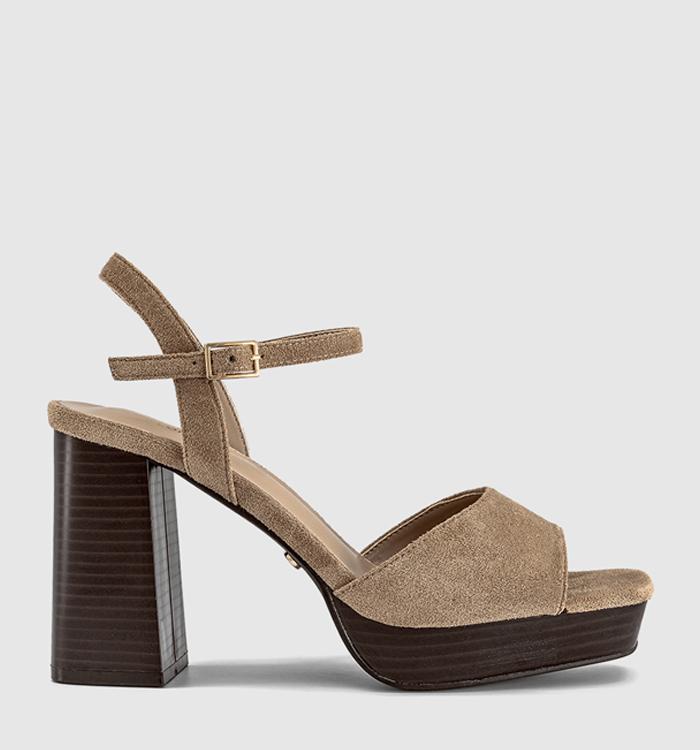 OFFICE Hollie Two Part Platform Stack Heeled Sandals Taupe Faux Suede