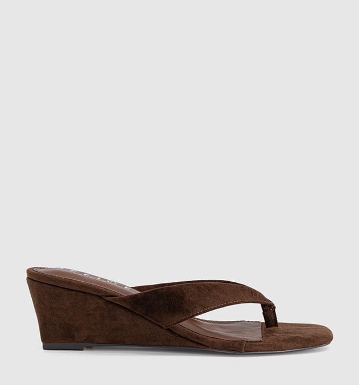 OFFICE Maven Toe Post Wedge Sandals Brown Faux Suede