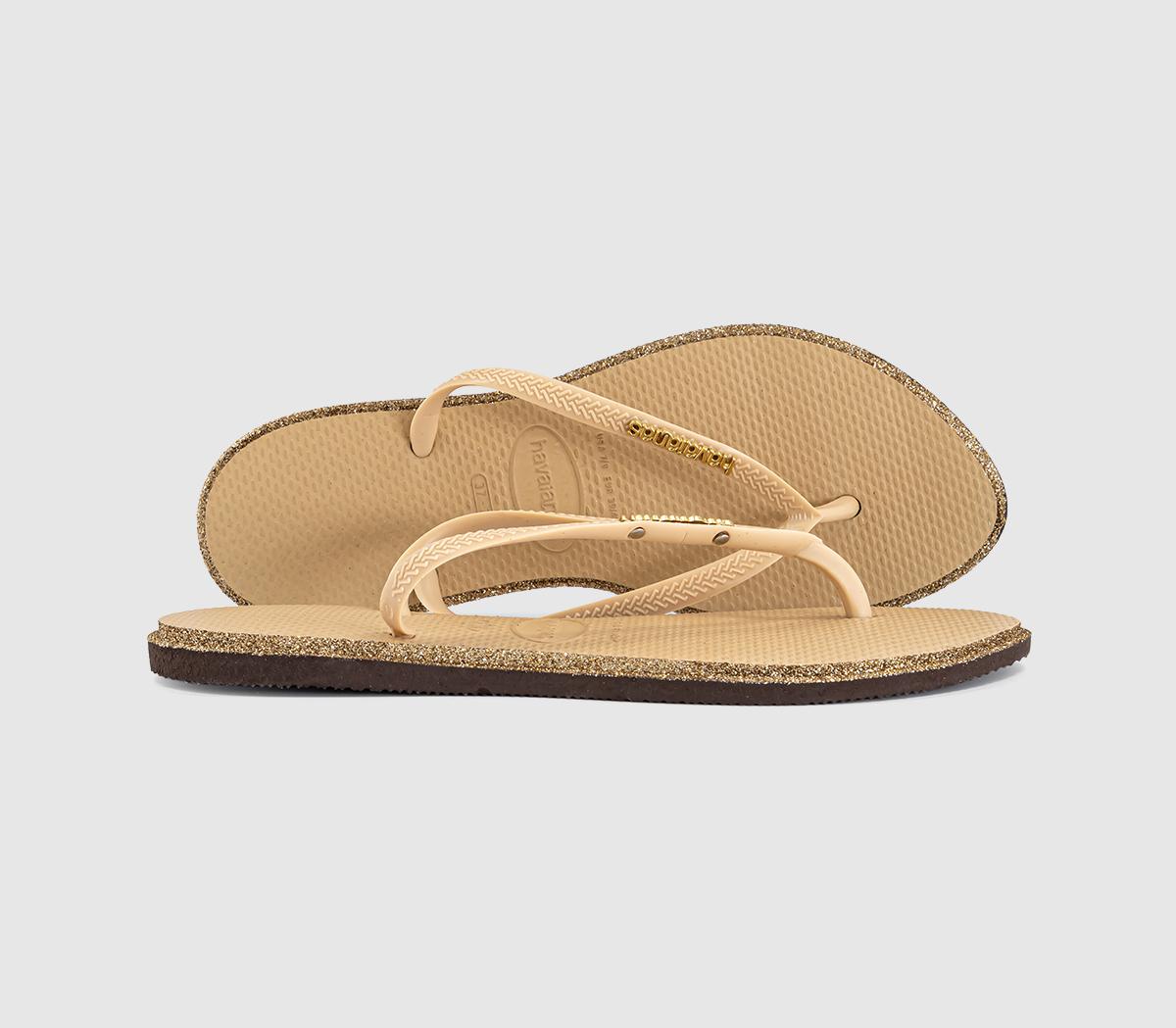 Havaianas Slim Point Glitter Flip Flops Golden  in Women's Size 6/7, Office Shoes