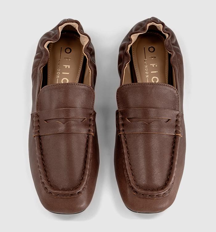 OFFICE Flux Elastic Back Penny Loafers Brown Leather