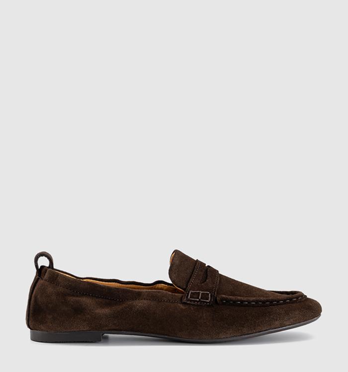 OFFICE Fondant Square Toe Ruched Loafers Brown Suede