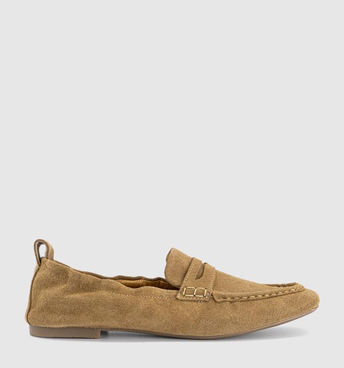 OFFICE Fondant Square Toe Ruched Loafers Taupe Suede